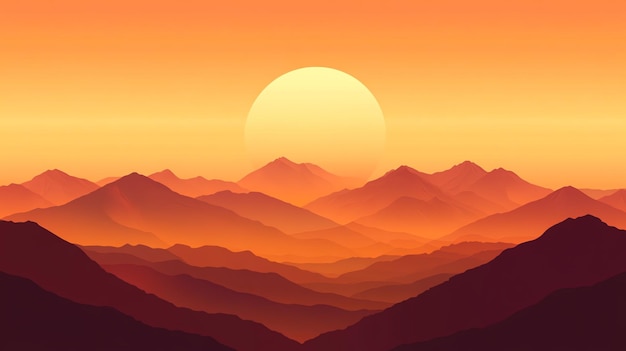 A digital illustration of a mountain range at sunset