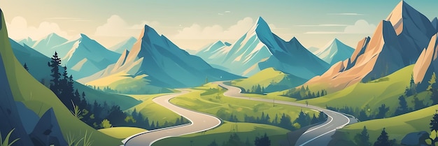 Photo a digital illustration of a mountain road with a road and trees