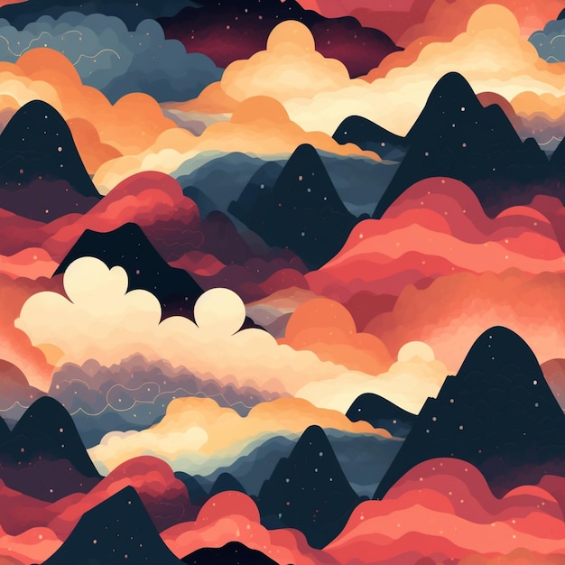 A digital illustration of mountains and clouds with a sky background