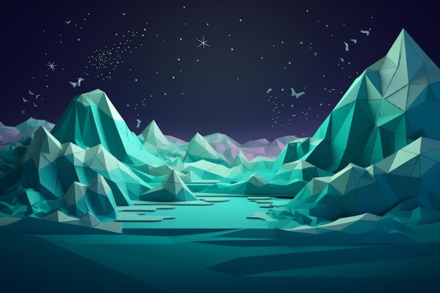 A digital illustration of mountains and a lake with a blue background.