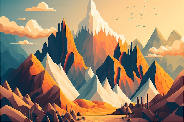 A digital illustration of mountains with the sun setting behind them.