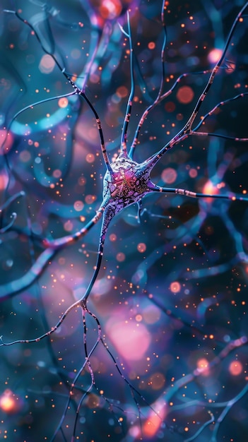 Digital illustration of a neuron with glowing connections on a blue backdrop