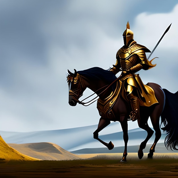 Digital illustration painting design style a golden knight and his horse walking to field of swords