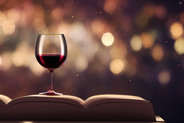 Digital illustration painting - Glass of red wine with a good book and gold bokeh on a cozy winter