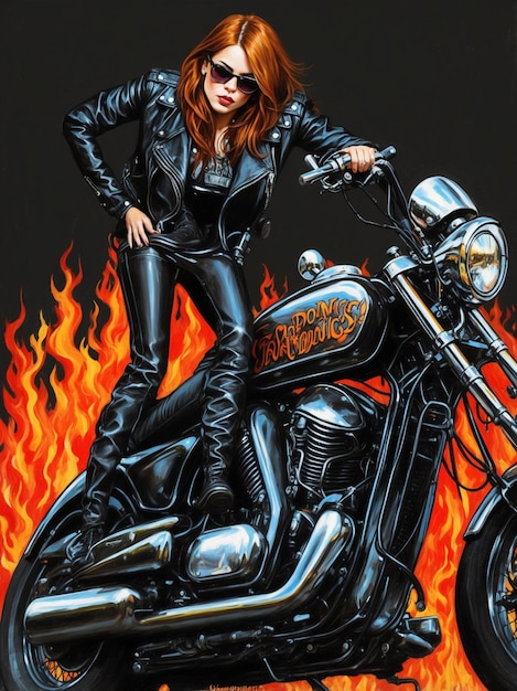 Photo digital illustration of pencil drawing of badass biker girl in full action