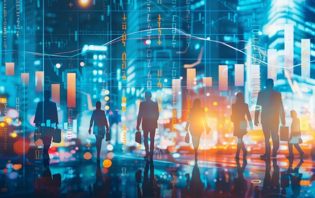 a digital illustration of people walking in a city with a blurry background