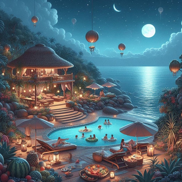 a digital illustration of a pool with a beach scene and floating lanterns