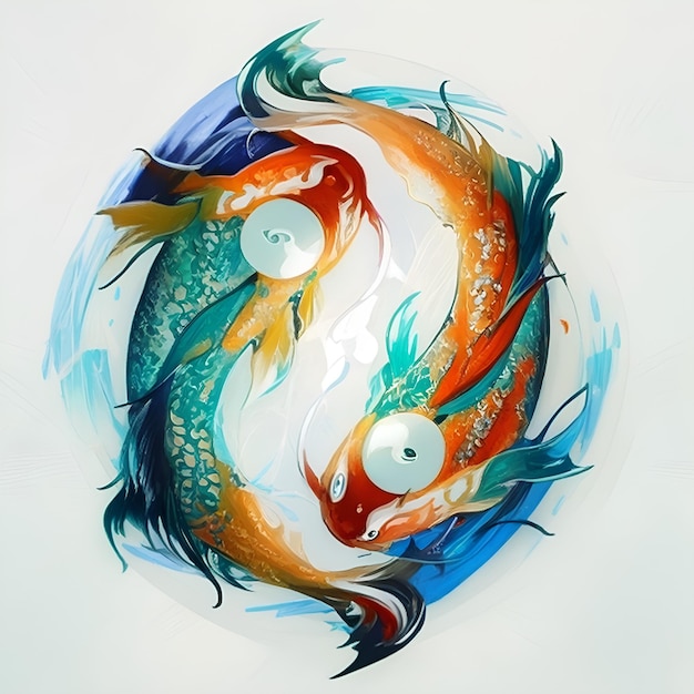 Digital illustration portraying the beauty of two opposite colored koi fish swimming clockwise in a