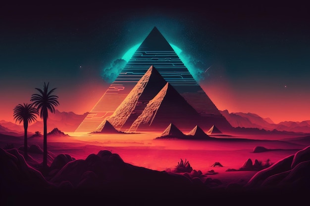 A digital illustration of pyramids and palm trees