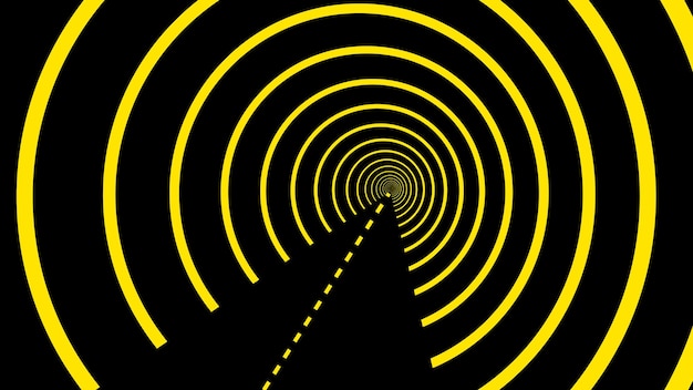 Digital illustration of a road leading into a tunnel with concentric yellow circles on a black background