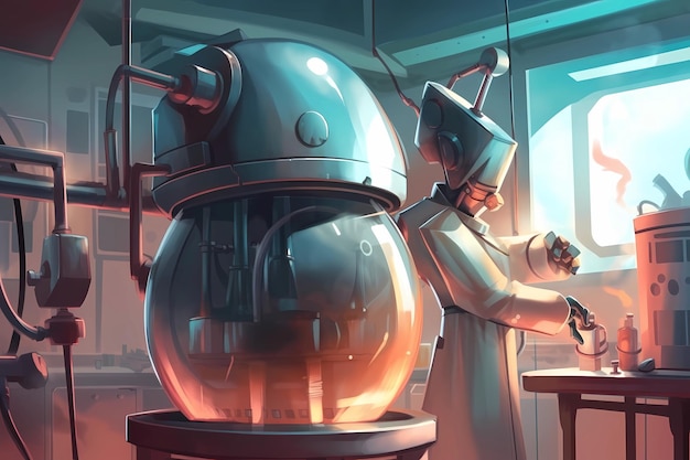 A digital illustration of a robot scientist performing an experiment Generative AI