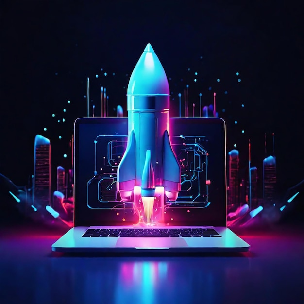 Digital illustration of rocket and laptop background with blue neon light Generative AI