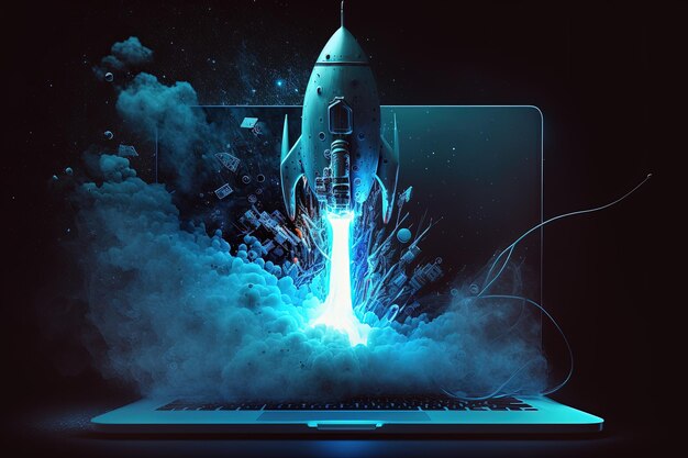 Digital illustration of rocket and laptop background with blue neon light Generative AI