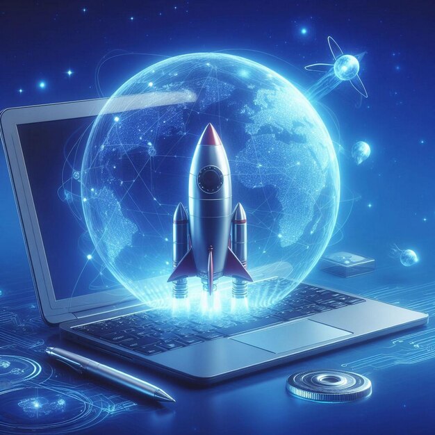 Digital illustration of rocket and laptop background with blue neon light