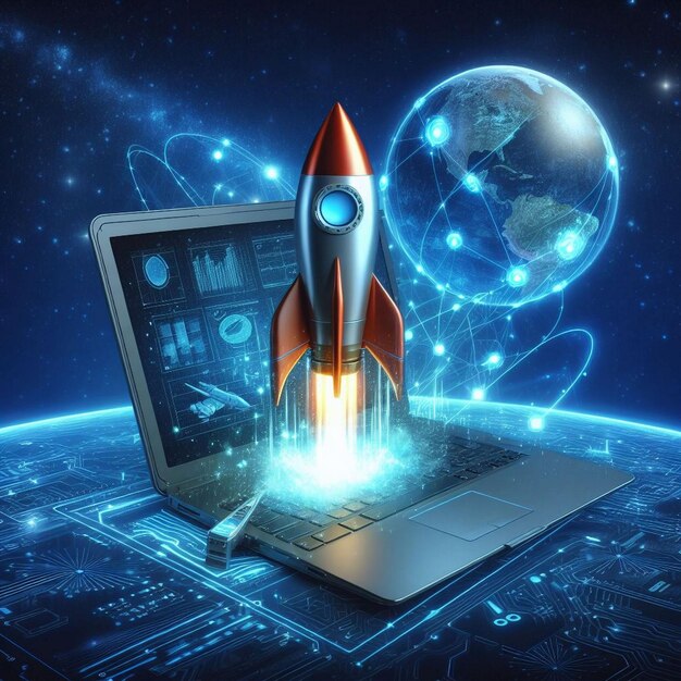 Digital illustration of rocket and laptop background with blue neon light