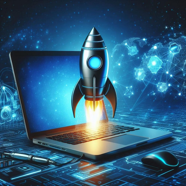 Digital illustration of rocket and laptop background with blue neon light