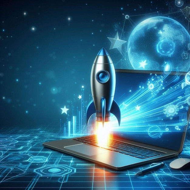 Digital illustration of rocket and laptop background with blue neon light