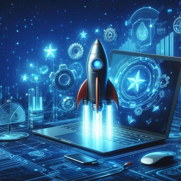 Digital illustration of rocket and laptop background with blue neon light