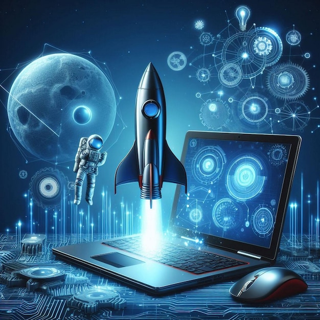 Digital illustration of rocket and laptop background with blue neon light