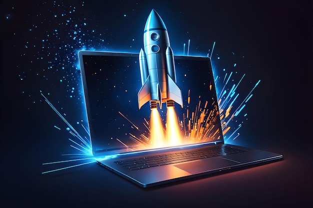 Digital illustration of rocket and laptop background with blue neon light