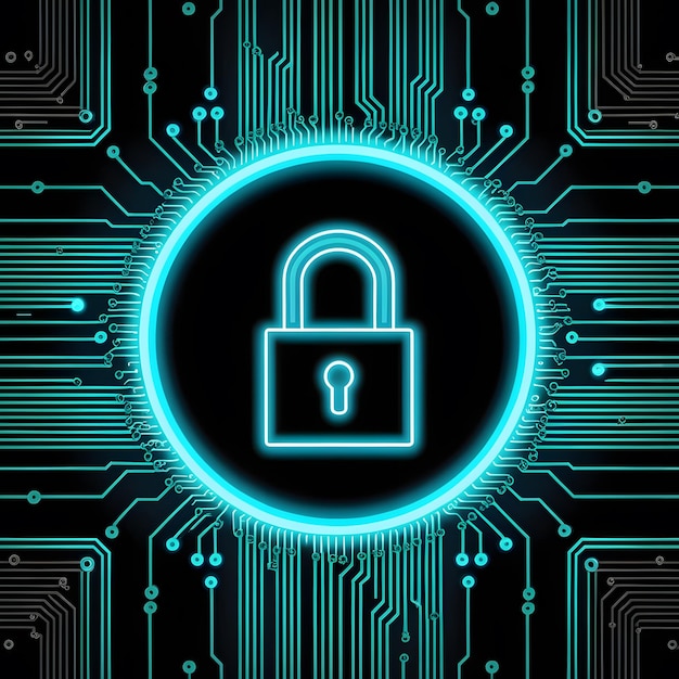 A digital illustration of a security lock icon surrounded by cybersecurity concept crypto blockchain