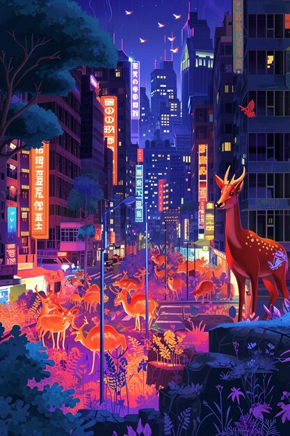 Digital illustration showing an augmented reality wildlife game in a city