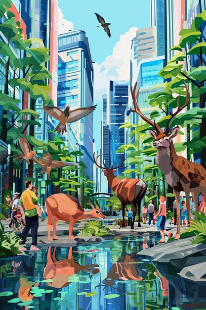 Photo digital illustration showing an augmented reality wildlife game in a city