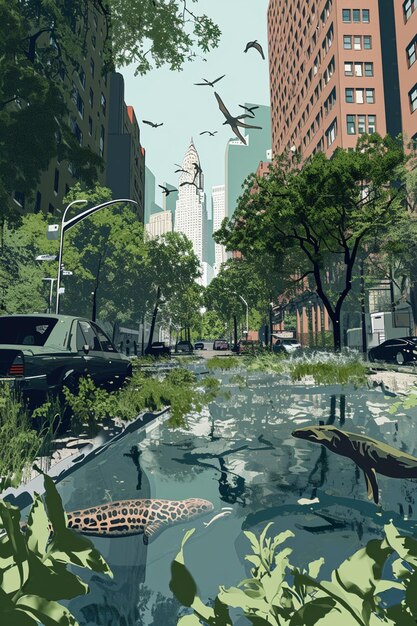 Digital illustration showing an augmented reality wildlife game in a city