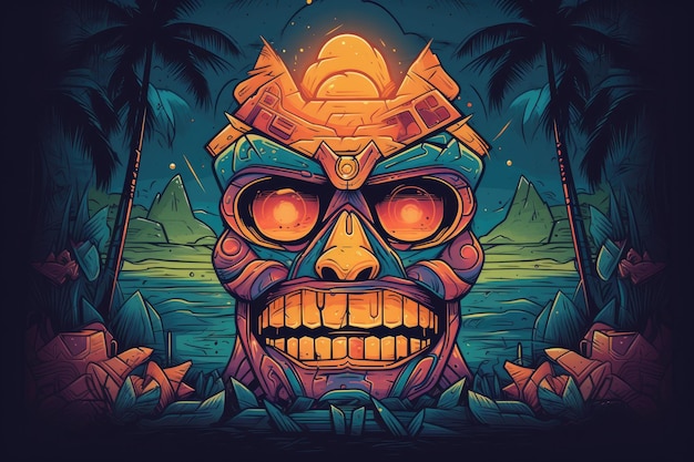 A digital illustration of a skull with orange eyes and a palm tree in the background