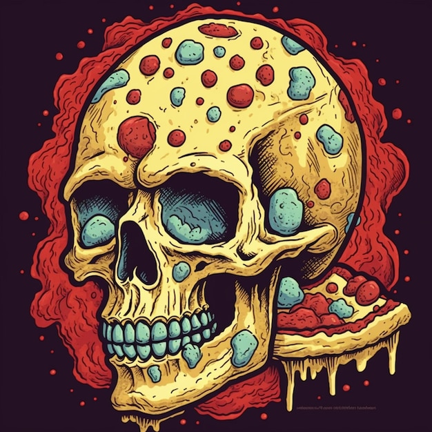 A digital illustration of a skull with a pizza on it.