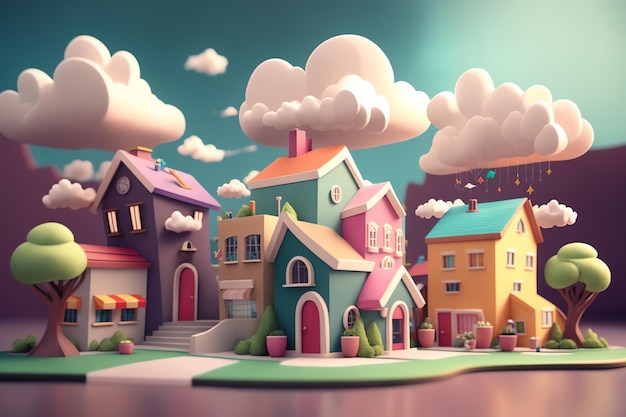 A digital illustration of a small town with a small town in the background