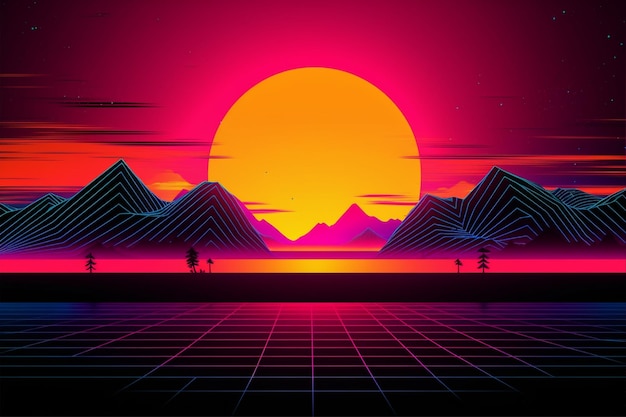 A digital illustration of a sunset with mountains in the background.