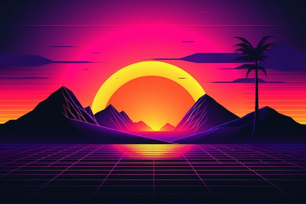 A digital illustration of a sunset with mountains in the background