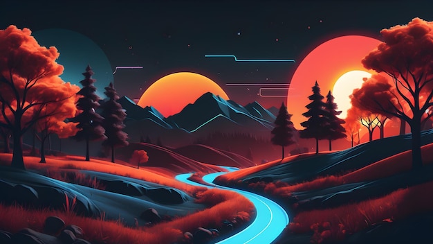 a digital illustration of a sunset with mountains and trees