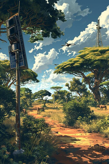 Digital illustration of a technologically advanced African savannah