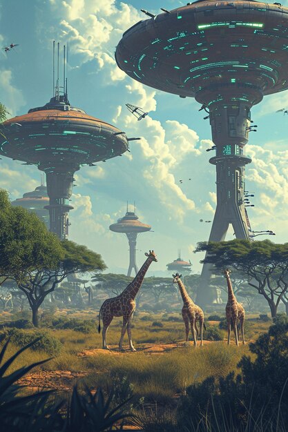 Digital illustration of a technologically advanced African savannah