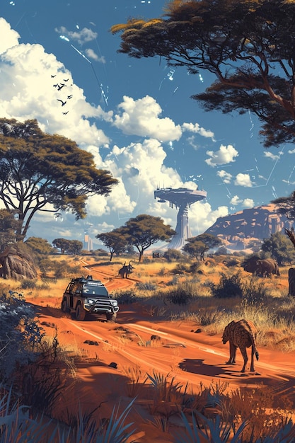 Digital illustration of a technologically advanced African savannah