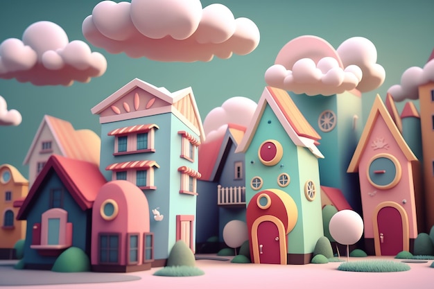 A digital illustration of a town with a few houses in pastel colors