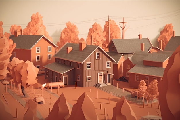 A digital illustration of a town with a small town in the background.