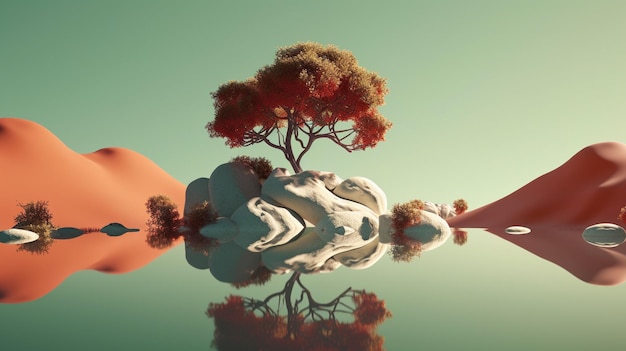 A digital illustration of a tree on a small island