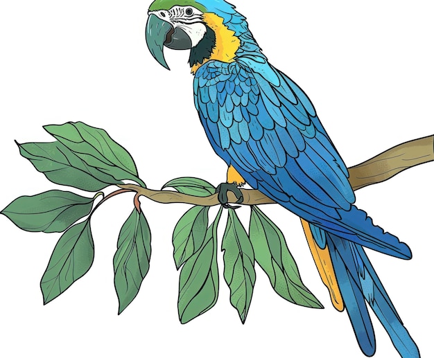 Digital Illustration of a Vibrant Blue Macaw Perched on a Branch Generative ai