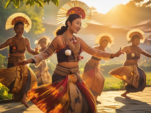 A digital illustration of a vibrant dance from Bali with dancers in full traditional attire