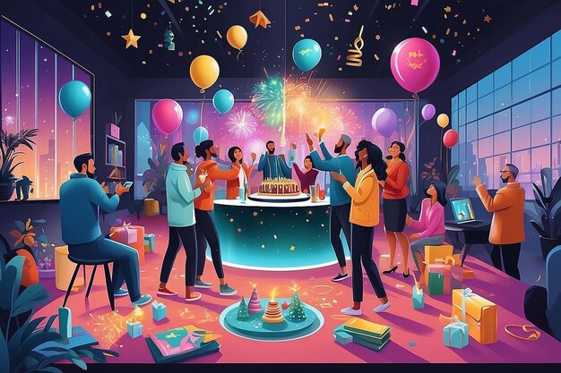 Photo digital illustration of a virtual new years party