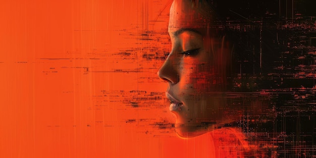 Digital Illustration of a Woman Face Surrounded by Digital Background