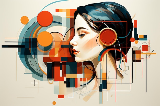 A digital illustration of a woman39s head with a variety of objects and shapes emerging from it