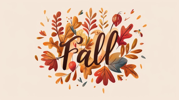 A digital illustration of the word Fall surrounded by stylized autumn leaves in shades of red orange and yellow