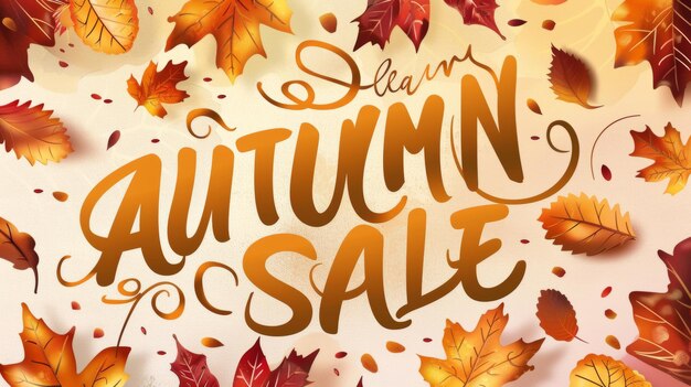 A digital illustration of the words Autumn Sale surrounded by falling leaves The lettering is in a bold handwritten style and the background is a soft offwhite color