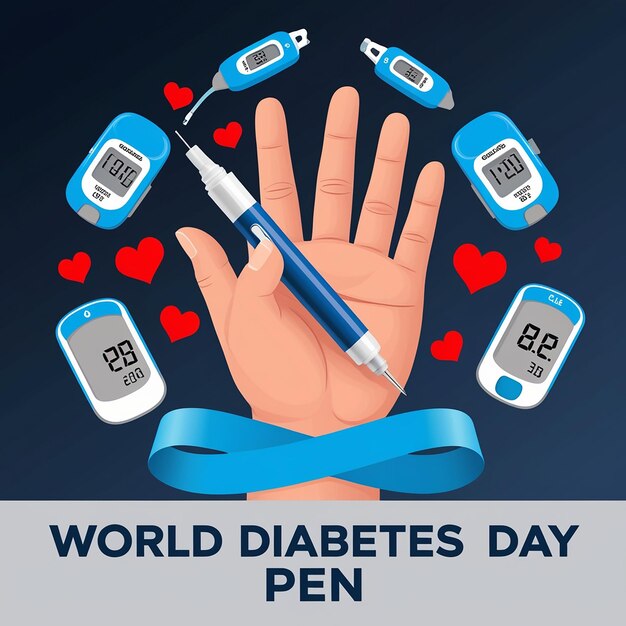 Photo digital illustration for world diabetes day hand with insulin pen awareness elements