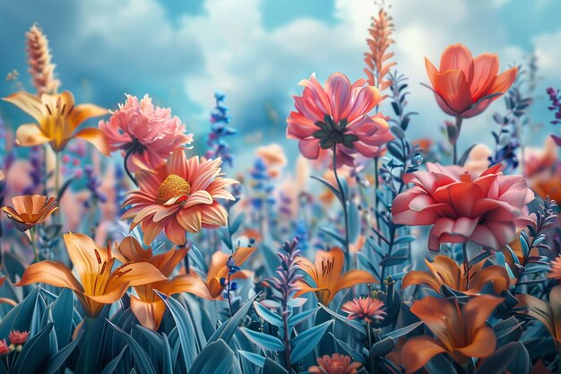 Digital illustrations of flowers with whimsical ba