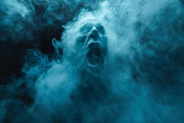 Photo digital image of abstract blurred ghost face with open mouth on dark background screaming or floati